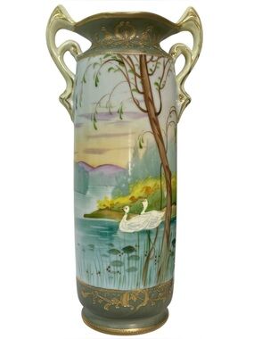 Antique 1900s Art Nouveau I.E. & C. Co. Japan Hand-Painted Moriage Swan Vase